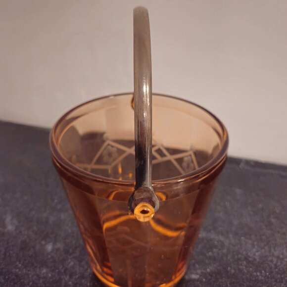 Art Deco Pink Etched Glass Ice Bucket Diamond Floral Pattern VTG Barware Metal - Picture 6 of 10